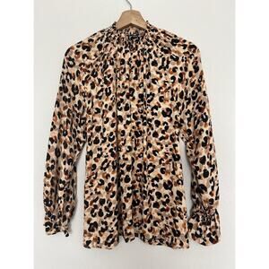 DEMOCRACY Leopard Animal Print Blouse Sz S Smocked High Neck Long Sleeve
